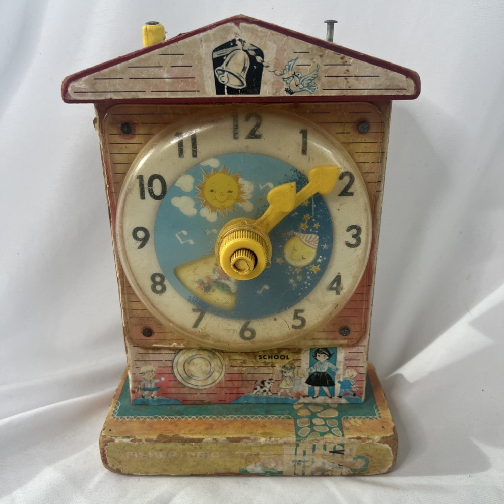 1968 Fisher Price Music Box‎ Teaching Clock 998 School Toy Vintage WORKS FAIR